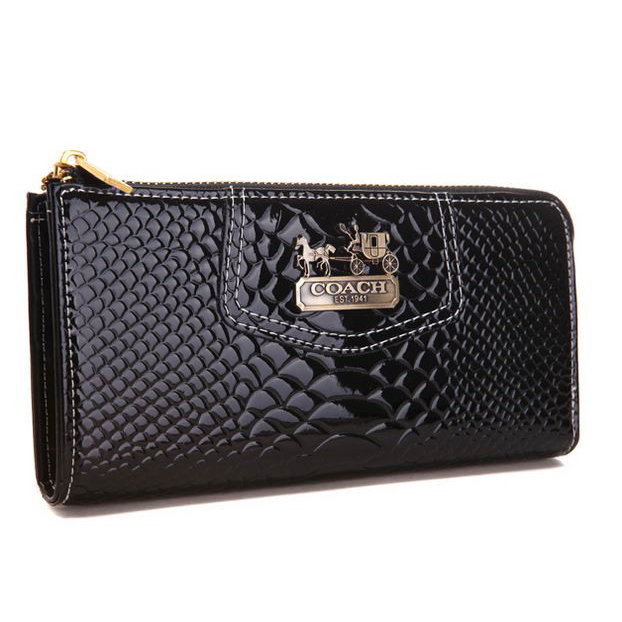 Coach Madison Continental Zip In Croc Embossed Large Black Wallets AGL